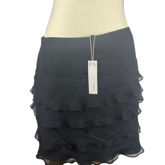 Drew Anthropologie 100% silk black sheer ruffled mini skirt sz 10 side zipper - Picture 2 of 11